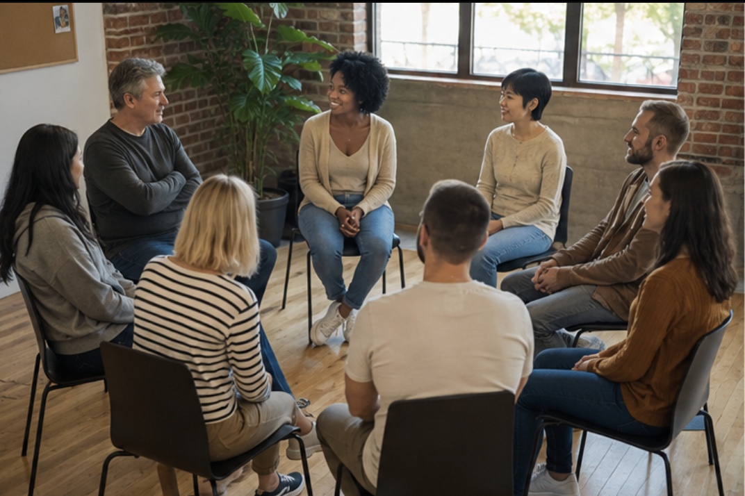 Support group sitting in a circle talking with each other