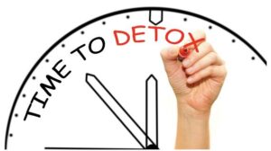 Illustration of a clock reading "Time to Detox" with a hand writing on it
